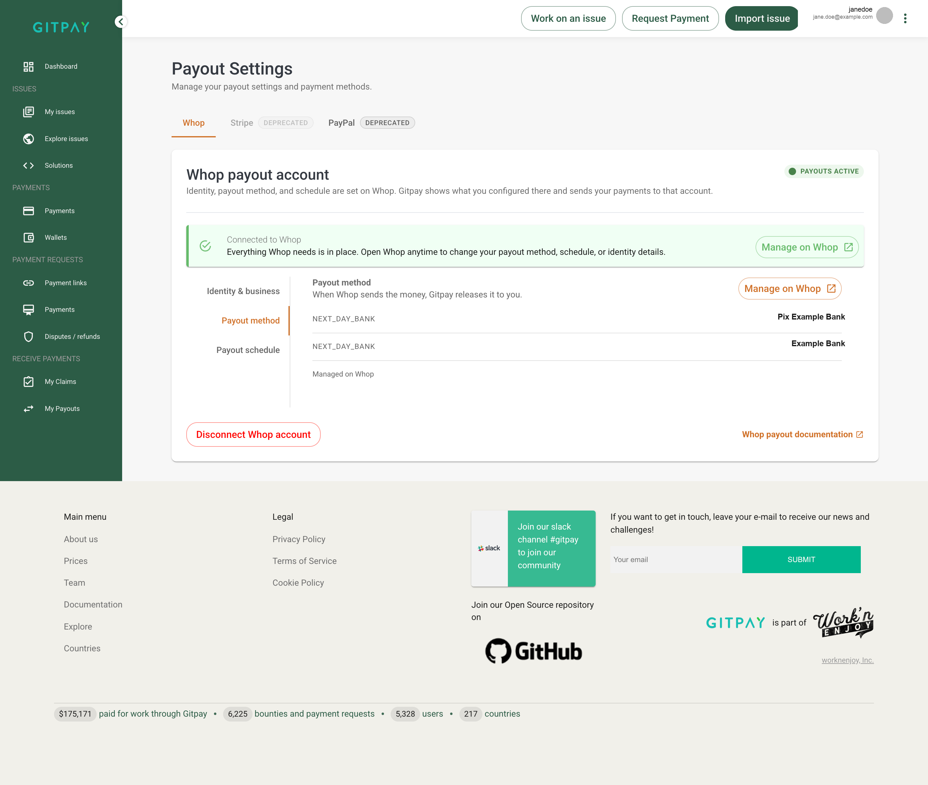 Aba de método de pagamento mostrando um método configurado